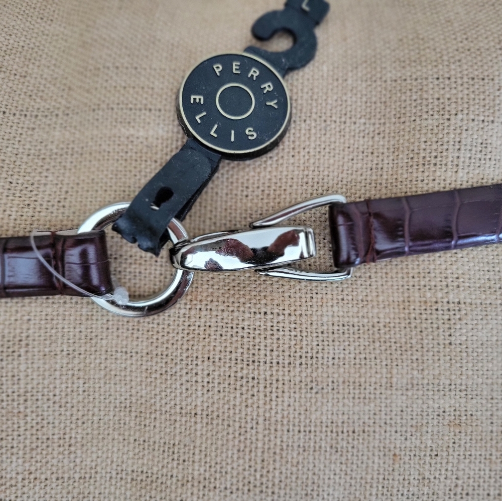 Perry Ellis Brown Embossed Leather Women's Narrow Adjustable Belt, Size L, NEW
